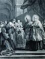 Franz von Sales und Johanna von Chantal treffen Vinzenz von Paul in der Heimsuchung von Paris, Gemälde von Restout im Heimsuchungskloster Paris, Frankreich. In der Mitte neben Johanna steht ihre Tochter Françoise.