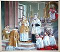 Michael Rua und Don Bosco sowie Franz von Sales im Hintergrund. Gemälde in der Franz von Sales Kirche in Turin, Italien